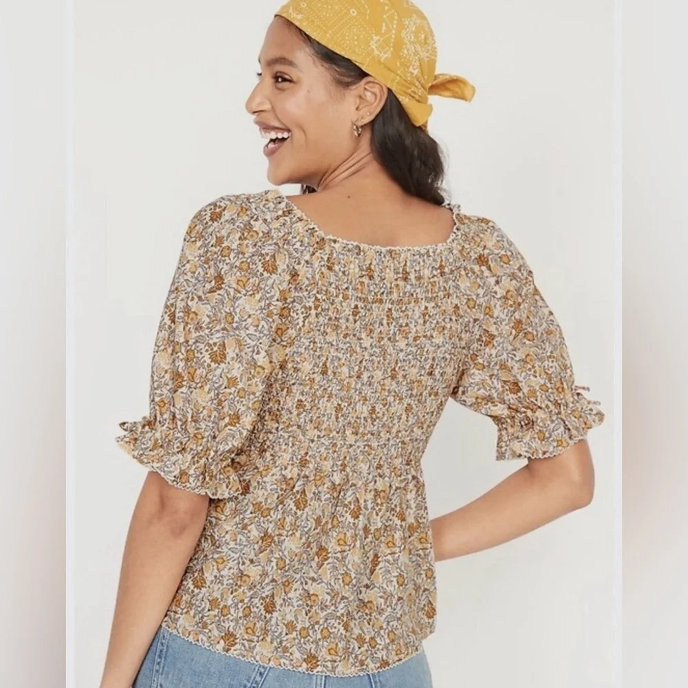 OLD NAVY Peasant Smocked Puff-Sleeve Peplum Blouse Multi Ditsy Orange/Cream L